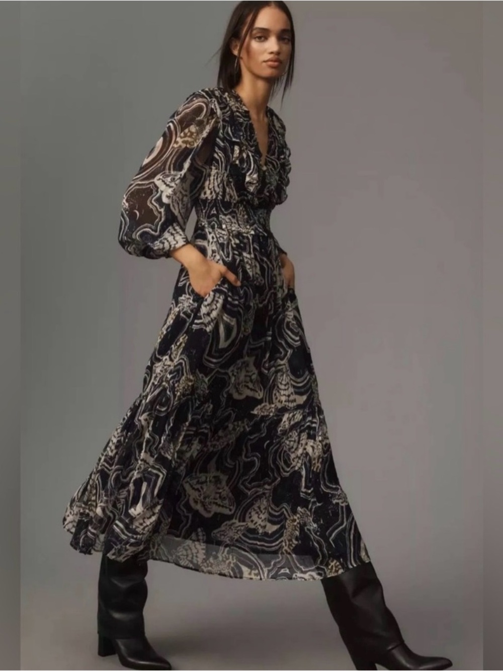 NWT Anthropologie x Printer Johnson Long-Sleeve V-Neck Midi Dress Navy Blue